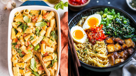 Delicious pasta bake with vegetables next to a savory ramen bowl with eggs and vegetables, perfect for dinner ideas.