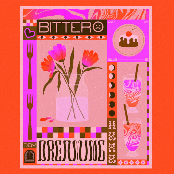 GIF COLLECTION 4 копия Abstract art with flowers, desserts, and drinks in vibrant pinks and oranges. Text includes Bitter and Dreaming. | Sky Rye Design Abstract art with flowers, desserts, and drinks in vibrant pinks and oranges. Text includes Bitter and Dreaming.