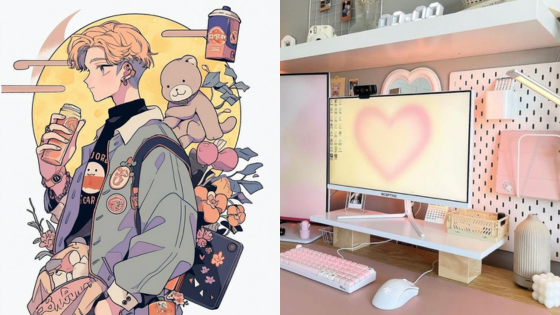 Anime character holding a drink next to a cozy, pastel-themed desktop setup with a heart-shaped screen wallpaper.