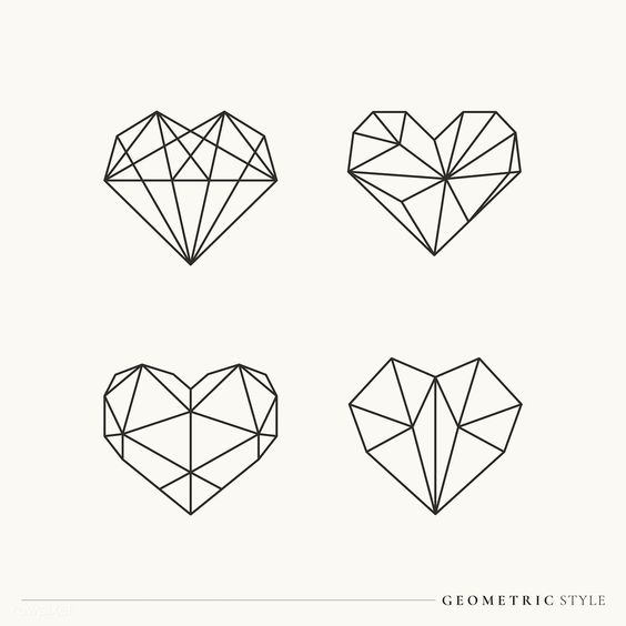 Geometric heart shapes illustration, featuring four distinct black line art designs on a white background.