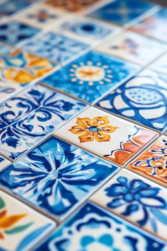 Close-up of colorful decorative ceramic tiles with intricate blue and orange patterns.