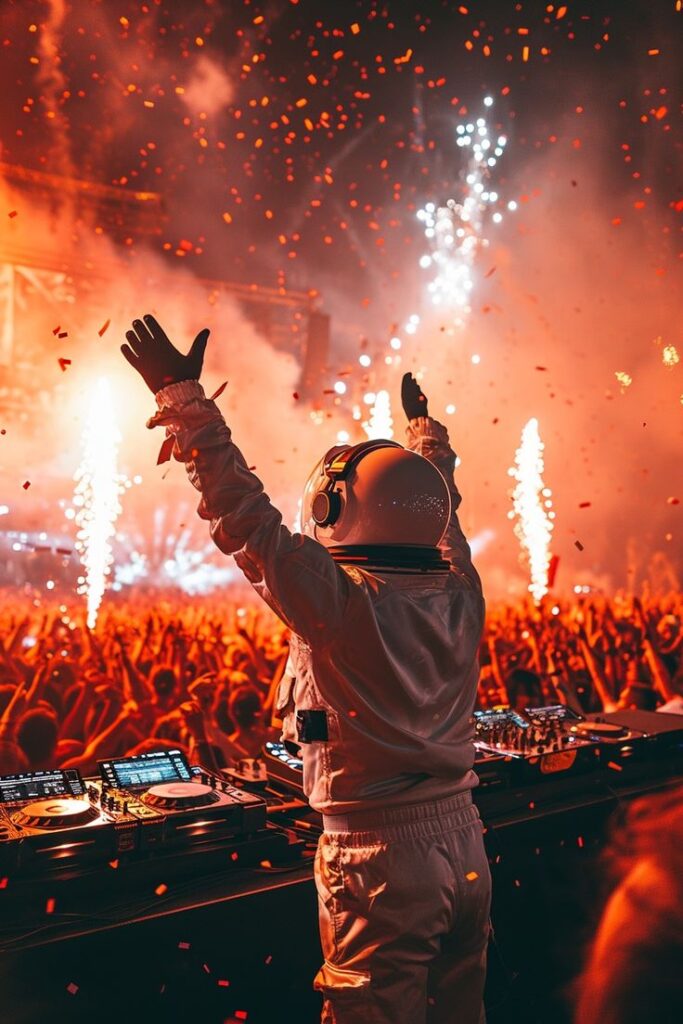 DJ in astronaut suit energizes a lively crowd with fireworks and confetti at a vibrant outdoor music festival.