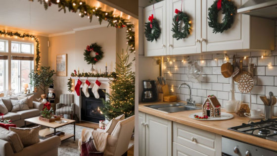 Cozy holiday living room and kitchen, decorated with wreaths, stockings, and a festive gingerbread house.