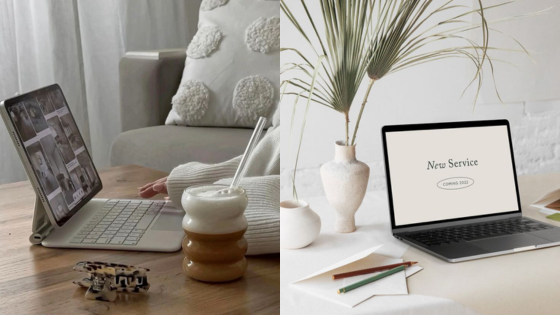 Left: Person using a laptop on a wooden table with a decorative drink. Right: Laptop displaying New Service Coming 2023.