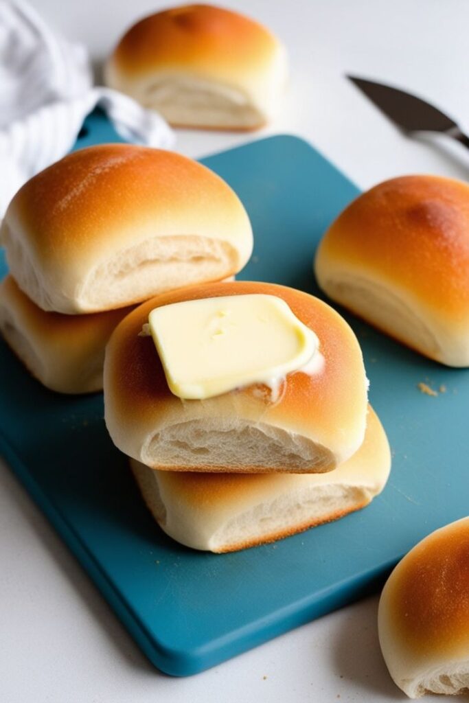 Freshly baked dinner rolls with butter on a blue cutting board. Perfect for breakfast or snacks.