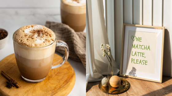 Left: A frothy cappuccino in a clear mug on a wooden board. Right: Framed sign reading One Matcha Latte, Please with decor.