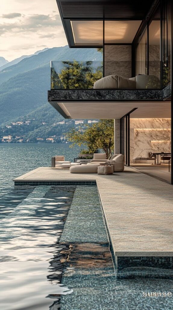 Modern lakeside villa with infinity pool, cozy outdoor seating, and stunning mountain views.