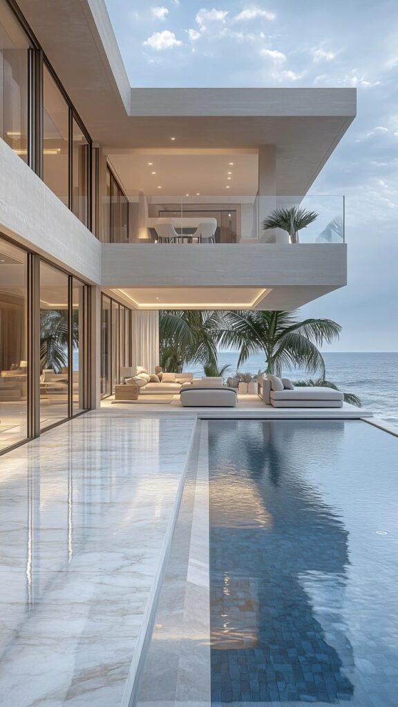 Modern luxury beachfront villa with infinity pool, palm trees, and ocean view at sunset.