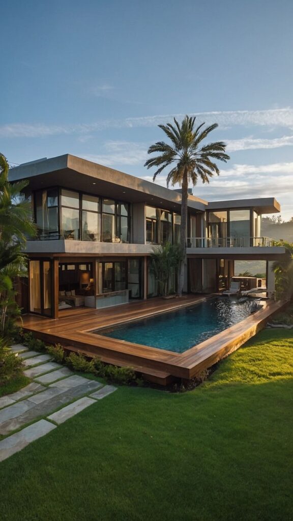 Modern luxury villa with glass walls, pool, and lush garden under a clear blue sky.