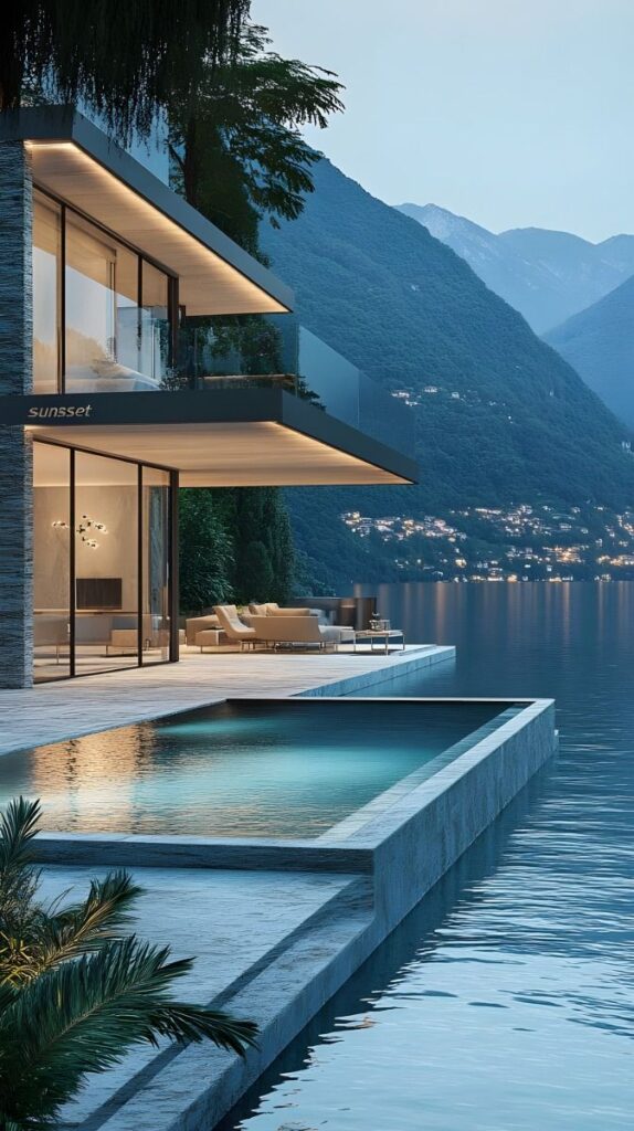 Modern lakeside villa with infinity pool at sunset, surrounded by mountains and serene water views.