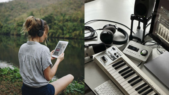 Person with headphones reading by river, alongside music production equipment in studio.