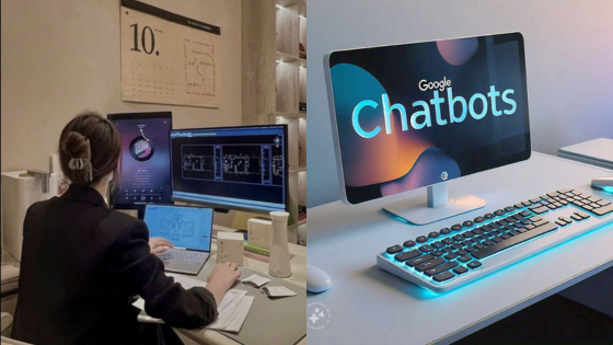 Person working at a desk with computer screens displaying technical work, alongside a computer showing Google Chatbots.