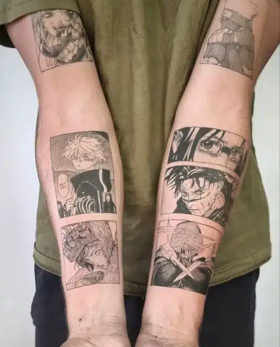 Manga Panel Style 1 Manga forearm tattoos: black-ink anime comic panels on both forearms showing detailed character portraits in rectangular frames | Sky Rye Design Manga forearm tattoos: black-ink anime comic panels on both forearms showing detailed character portraits in rectangular frames