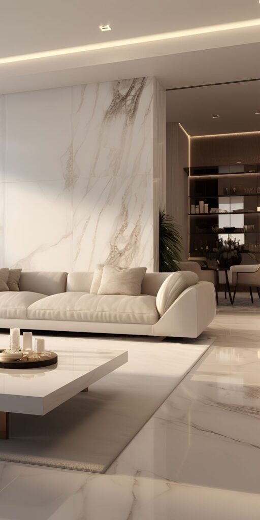 Modern living room with marble accents, sleek beige sofa, and stylish decor elements for a luxurious ambiance.