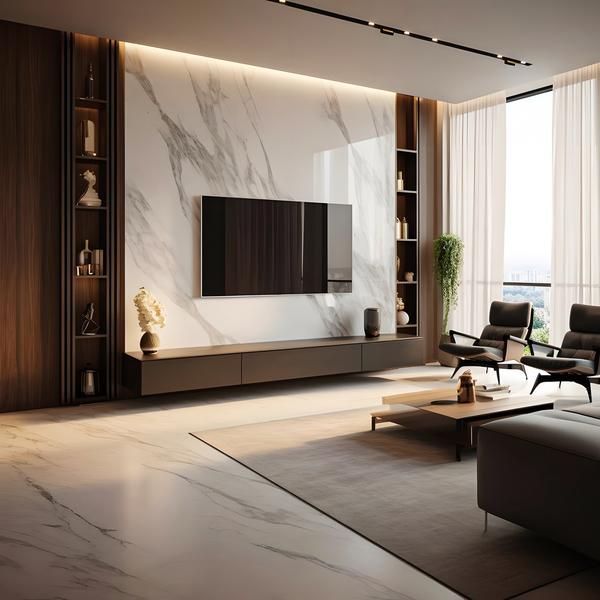 Modern living room with marble wall, sleek TV, stylish furniture, and floor-to-ceiling windows.