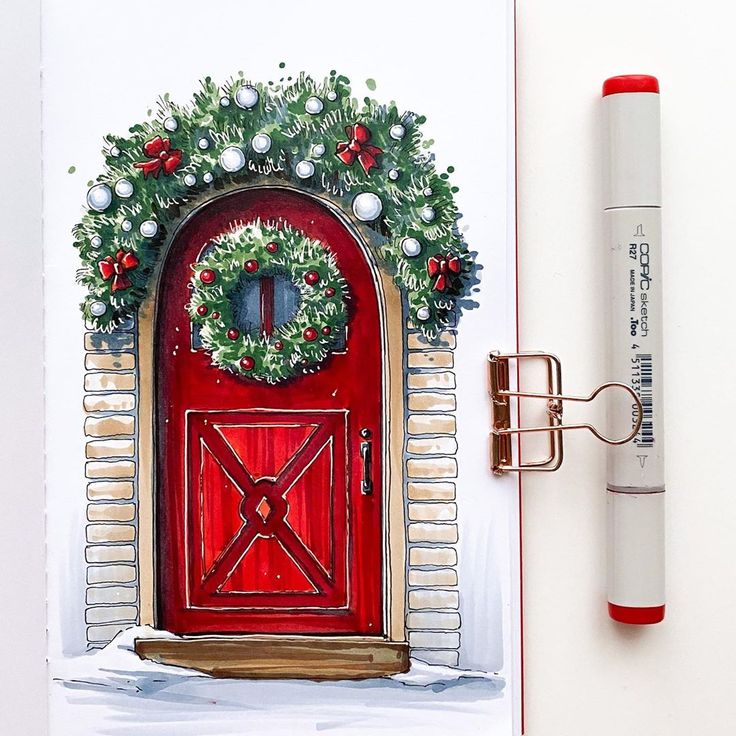 Festive red door with Christmas wreath drawing alongside a Copic marker for artistic decoration inspiration.