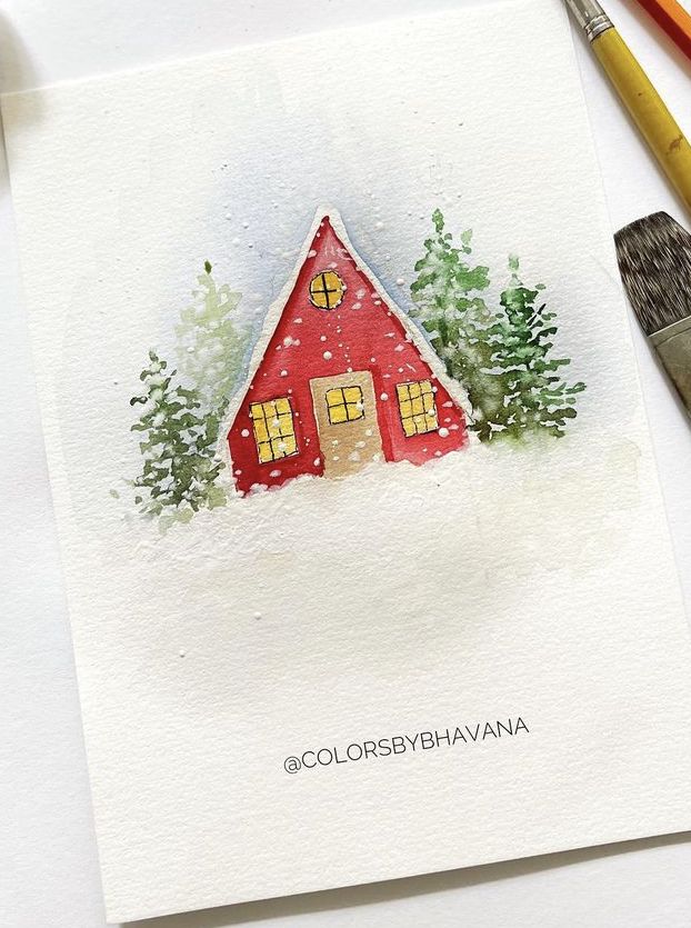 Watercolor painting of a cozy red cabin in the snow surrounded by pine trees.