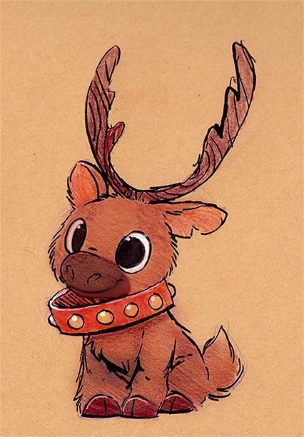 Cute cartoon reindeer with big eyes and red collar, sitting on a beige background. Perfect for holiday illustrations.