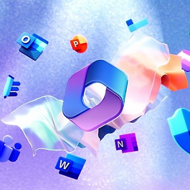 Colorful 3D icons of Office apps floating in a vibrant, abstract background.