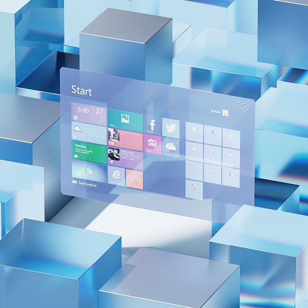 Futuristic user interface with holographic screen over modern blue geometric blocks.