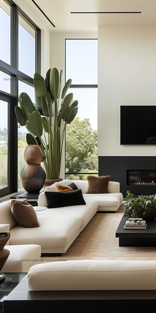 Modern living room with stylish white sofa, large plant, and sleek fireplace, highlighting contemporary interior design.