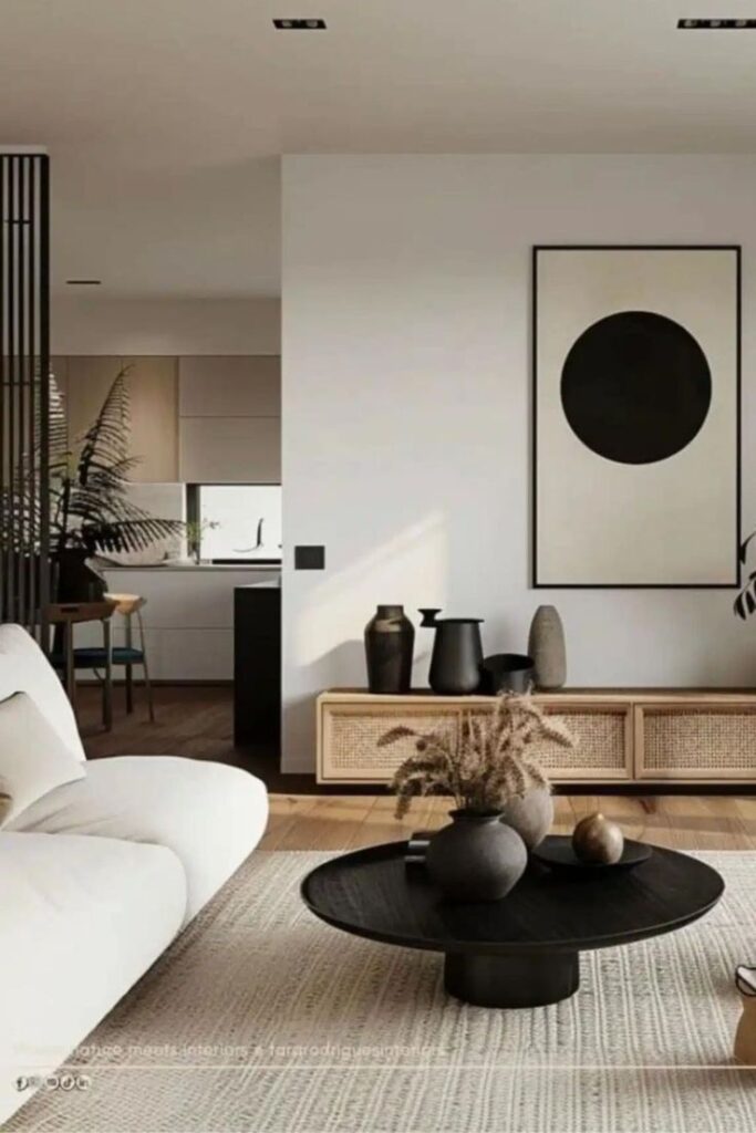 Modern living room with minimalist decor, black circle artwork, white sofa, and a round coffee table with decorative vases.