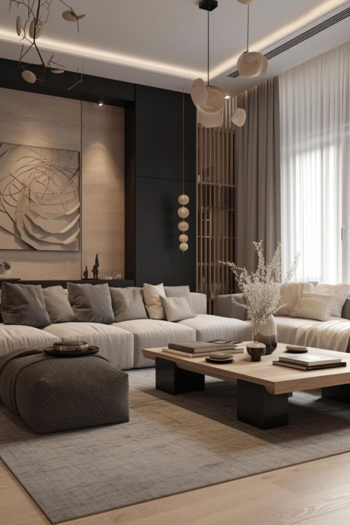 Modern living room with neutral decor, plush sofas, wooden coffee table, abstract art, and soft lighting.