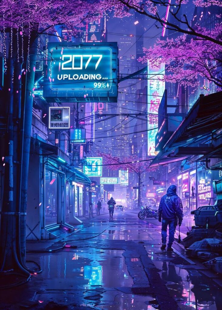 Futuristic city street at night with neon signs and cherry blossoms, featuring a 2077 Uploading digital billboard.