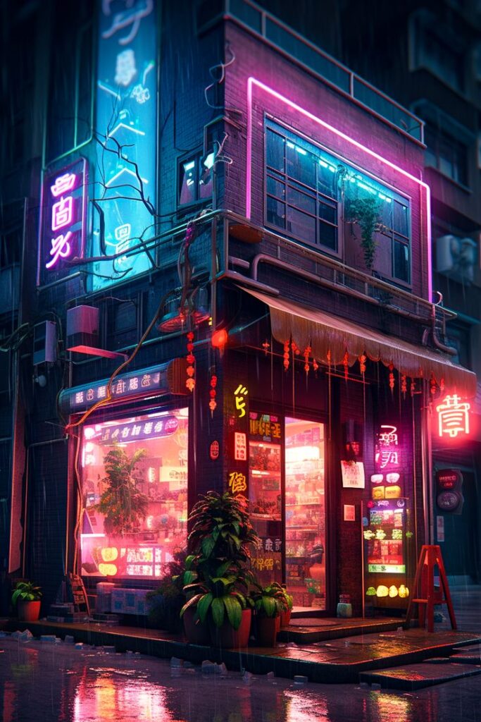 Vibrant neon-lit corner store in rainy cityscape, lush plants outside, evokes a cyberpunk atmosphere.