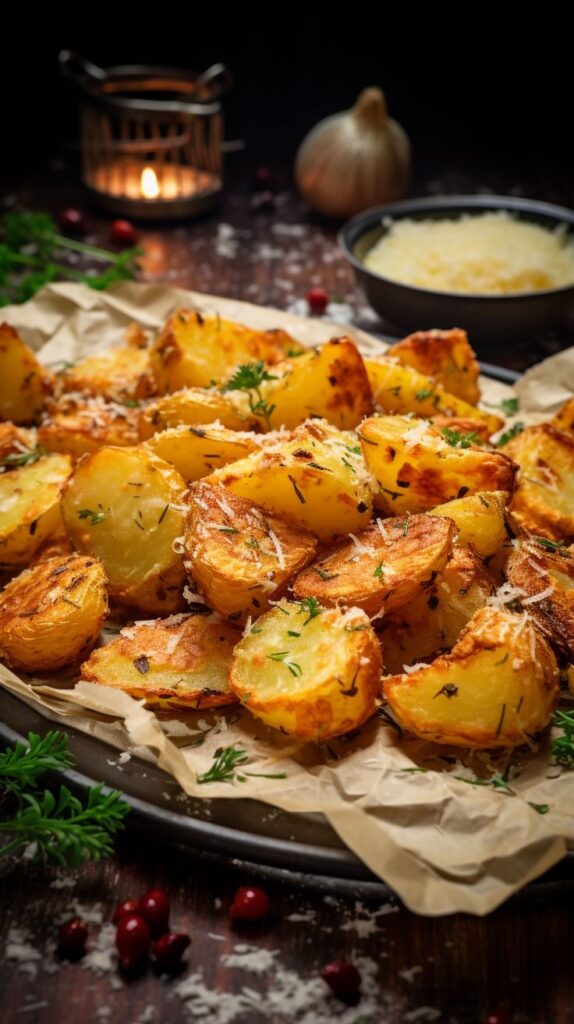 Golden roasted potatoes with herbs and grated cheese on parchment paper, perfect for a delicious side dish.