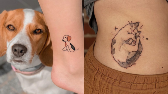 Dog tattoo on ankle next to a beagle; detailed hand-drawn cat tattoo on the side.