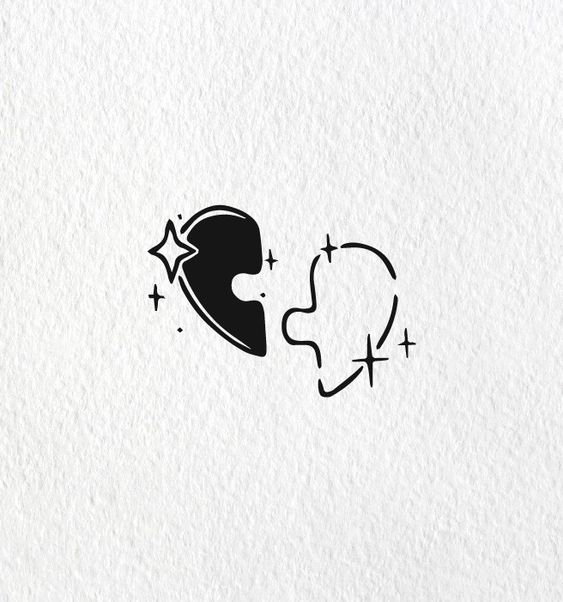 Minimalist heart and profile line art with sparkling stars on a white background.