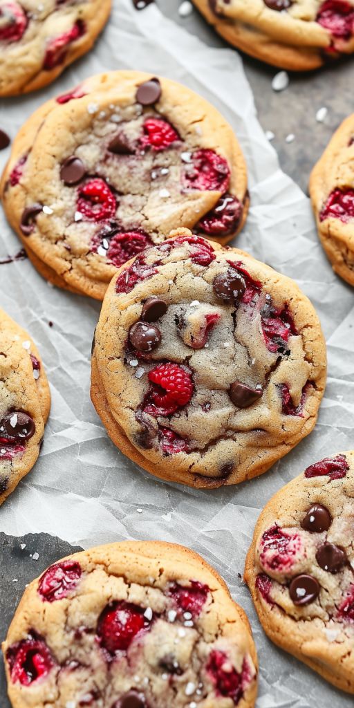 Freshly baked cookies with chocolate chips and raspberries on parchment paper.