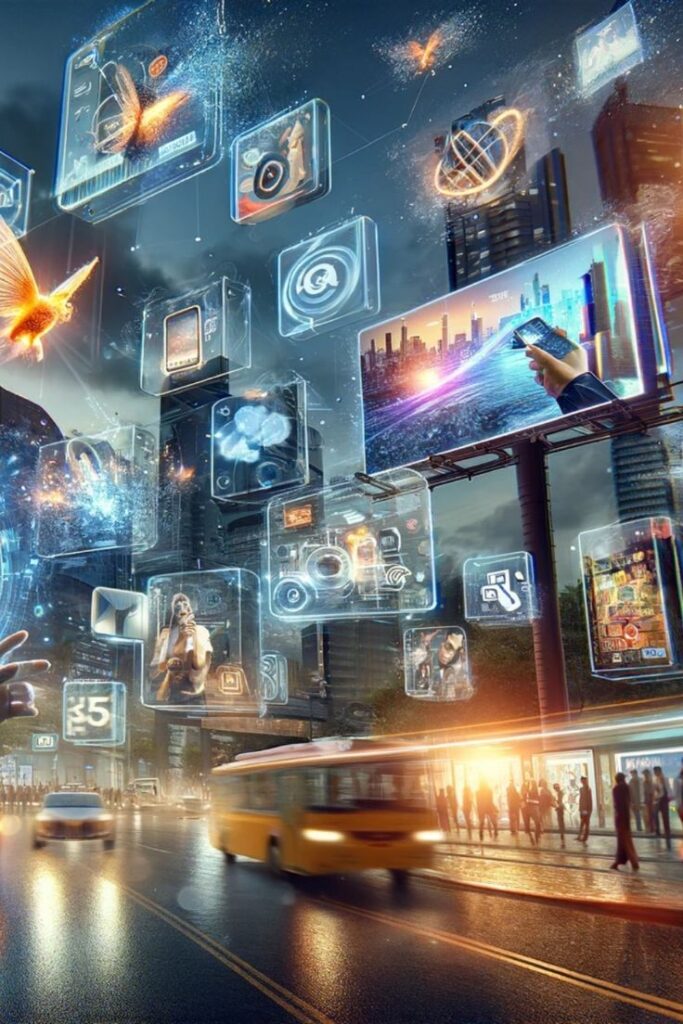 Futuristic cityscape with floating digital screens and neon lights above a busy street with traffic and pedestrians.