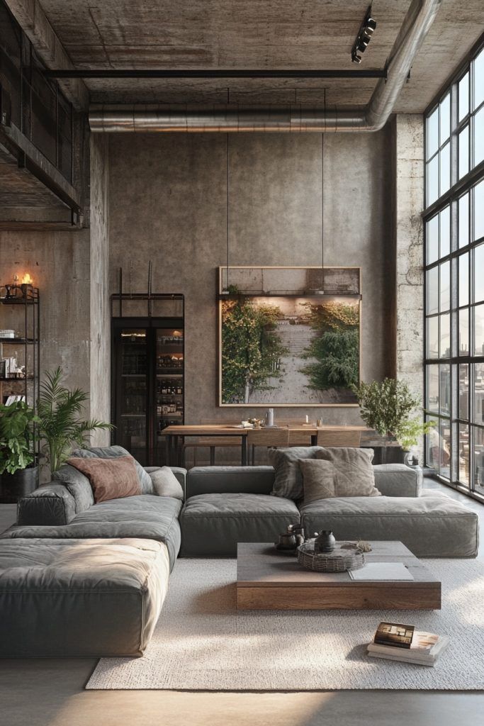 Modern industrial living room with large windows, cozy gray sofa, and greenery accents.