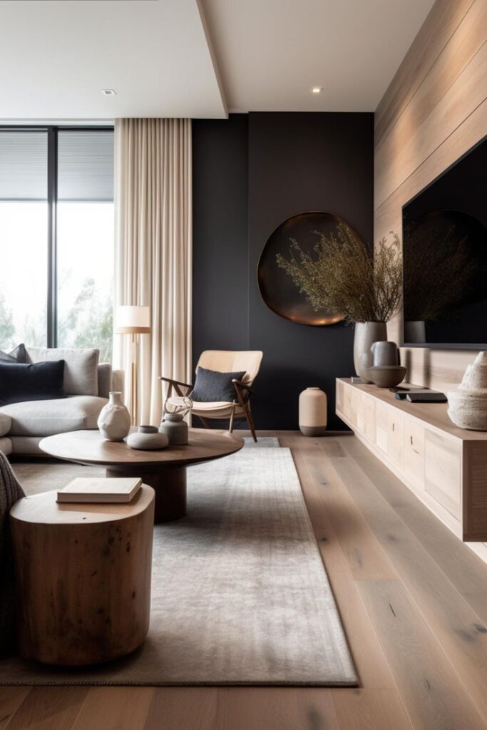 Modern living room with cozy furniture, wood accents, and natural light. Elegant, minimalist design.