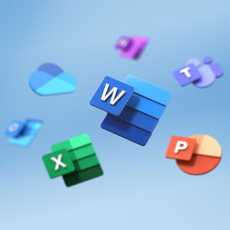 Floating Microsoft Office icons on a blue background, showcasing Word, Excel, PowerPoint, and Teams.