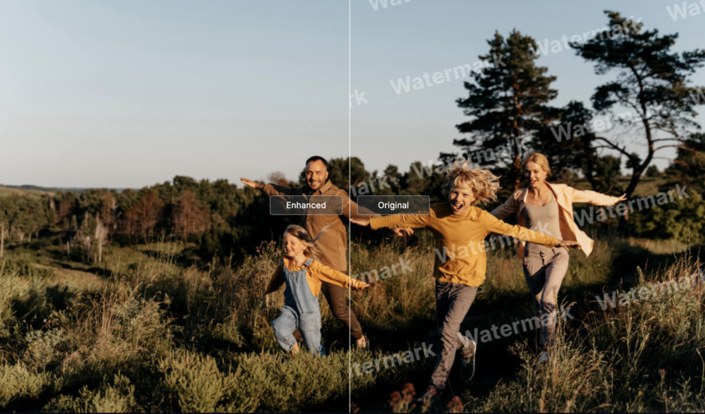 Family enjoying a joyful run in nature, arms outstretched, under clear blue sky, in a lush green field.