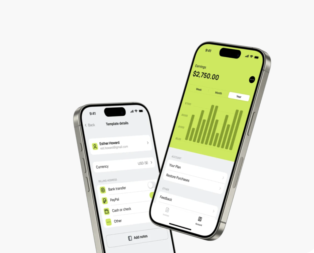 Mobile app interface displaying financial earnings and transaction options on two smartphones.