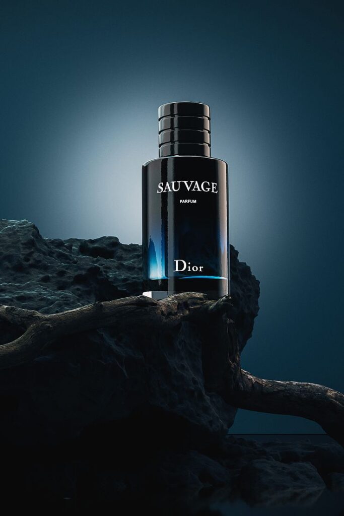 Dior Sauvage perfume bottle on rocky surface, dramatic lighting for elegant fragrance display.