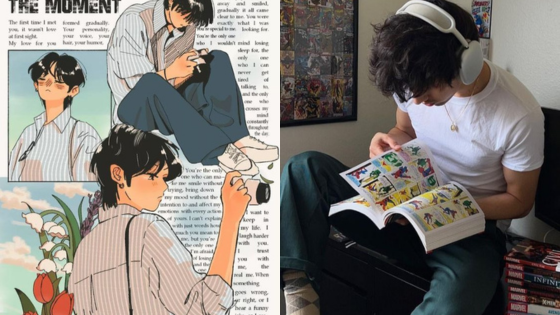 Young man with headphones reading a colorful comic book, alongside an illustrated page with various seated poses.