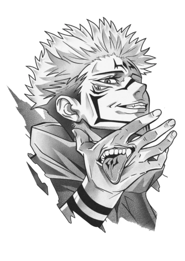 Sukuna from Jujutsu Kaisen 3 Manga-style character with spiky hair and black facial markings, grinning as a hand with an open, screaming mouth emerges from his palm. | Sky Rye Design Manga-style character with spiky hair and black facial markings, grinning as a hand with an open, screaming mouth emerges from his palm.