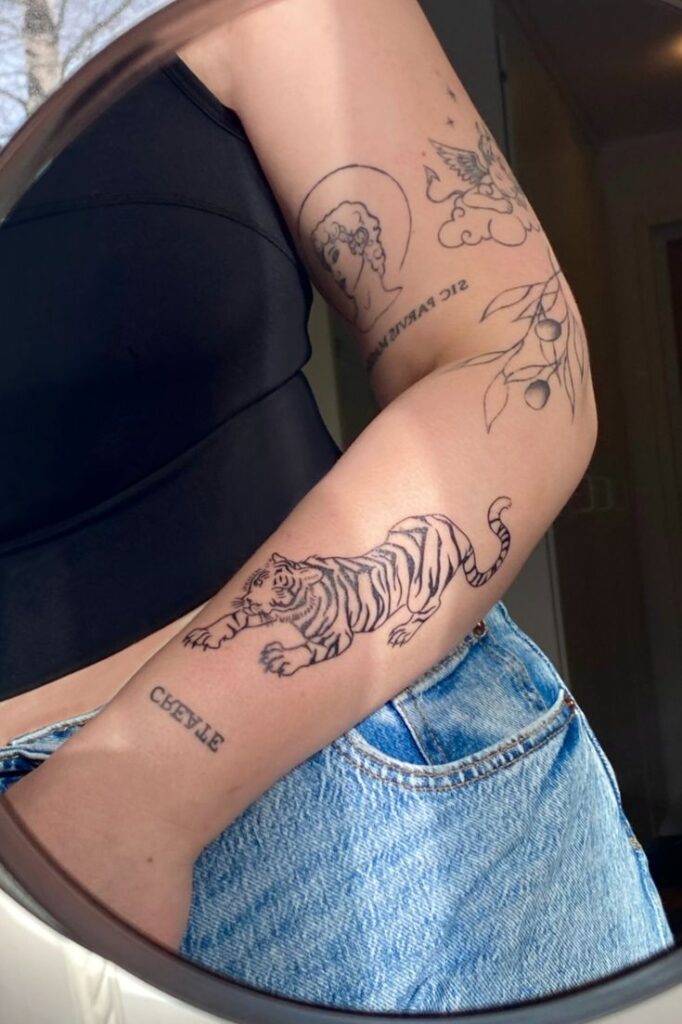 Person's arm with multiple tattoos, including a tiger, in a mirror reflection. Casual attire and artistic ink designs visible.