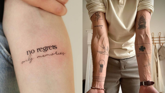 Close-up of forearm tattoos, featuring text and various designs, including a quote, sailing ship, and minimalist symbols.