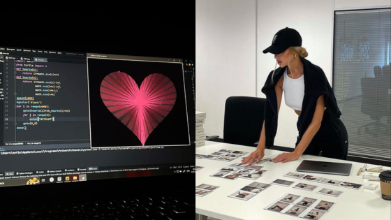 Left: Computer screen showing heart design with code. Right: Woman in black cap arranging photos on a table.