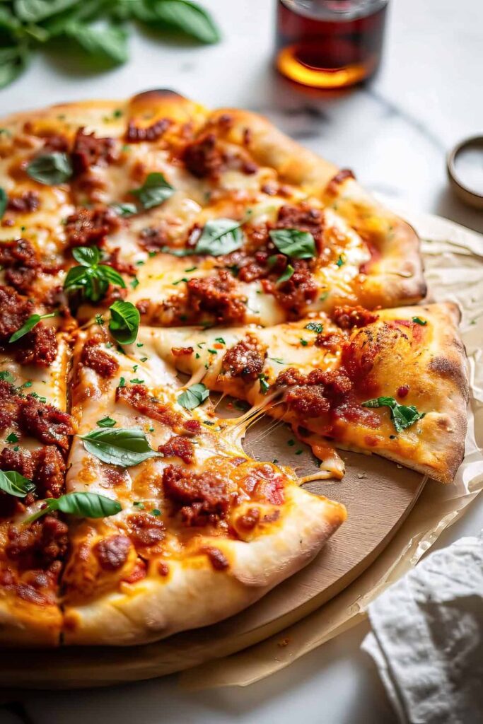 Cheesy pepperoni pizza with fresh basil leaves on a wooden board, served in a cozy kitchen setting.