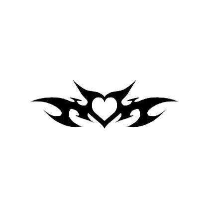 Tribal tattoo design with a central heart symbol, featuring bold, symmetrical flame patterns on a white background.