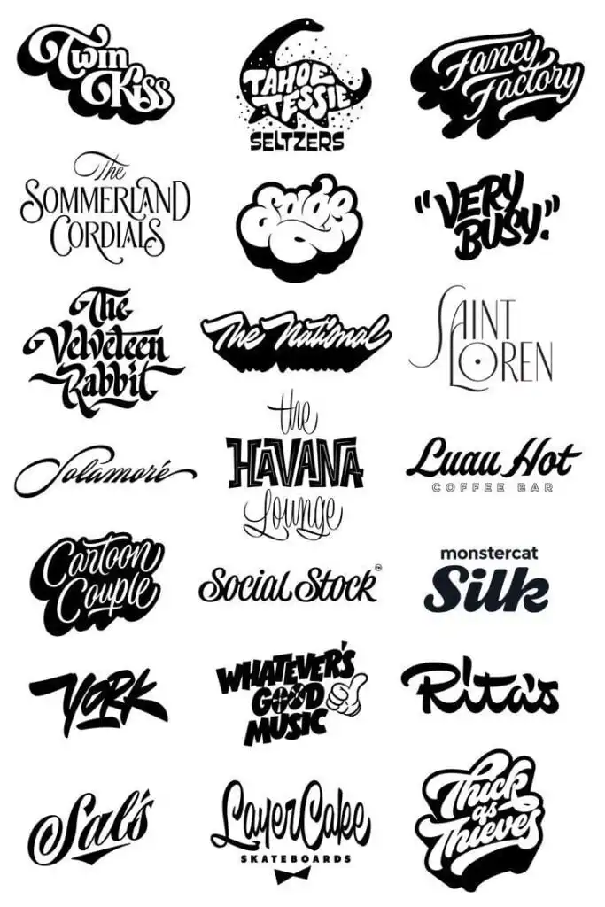 Grid of 20 black-and-white hand-lettered logo wordmarks showcasing varied retro and modern script and display typography styles for branding.
