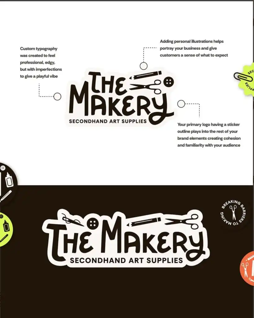 Secondhand art supplies logo: The Makery sticker-style handwritten wordmark with scissors, pencil and button icons.