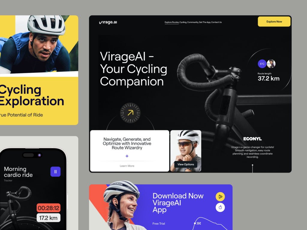 Cycling app promotion featuring route optimization and tracking with VirageAI, the ultimate cycling companion.